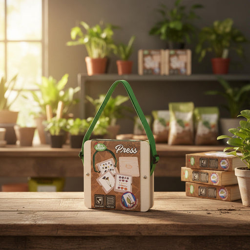Mrs green flower press box with a green handle stands on a rustic wooden table in a warm, sunlit room filled with potted plants. The front of the box is decorated with illustrations of playing cards and the word 'Press'.