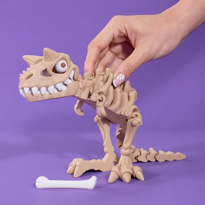 Carontaurus bones skeleton professor plums with hand on a purple background
