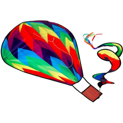 Colorful hot air balloon kite with a tail on a white background
