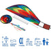 Colorful kite with a spool on a white background, featuring kite specifications.