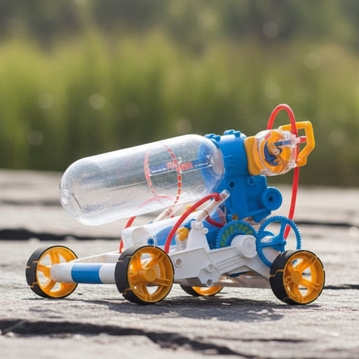 Toy car made from a plastic bottle with wheels on a concrete surface