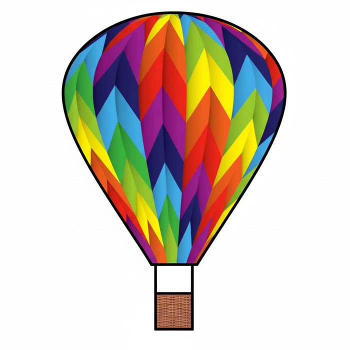 Colorful hot air balloon with a geometric pattern on a white background
