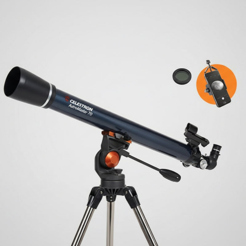 Celestron telescope with accessories on a light gray background