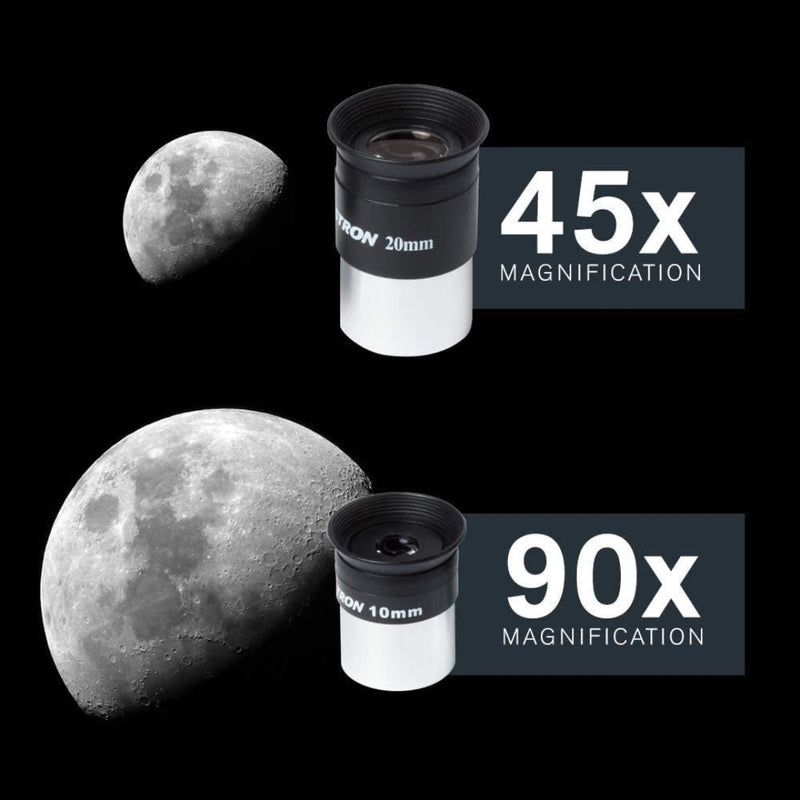 Two eyepieces with magnification labels and images of the moon.
