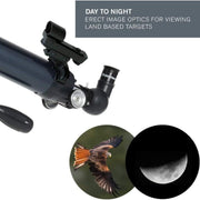 Telescope with day to night image optics for viewing land-based targets, showing a bird and moon.