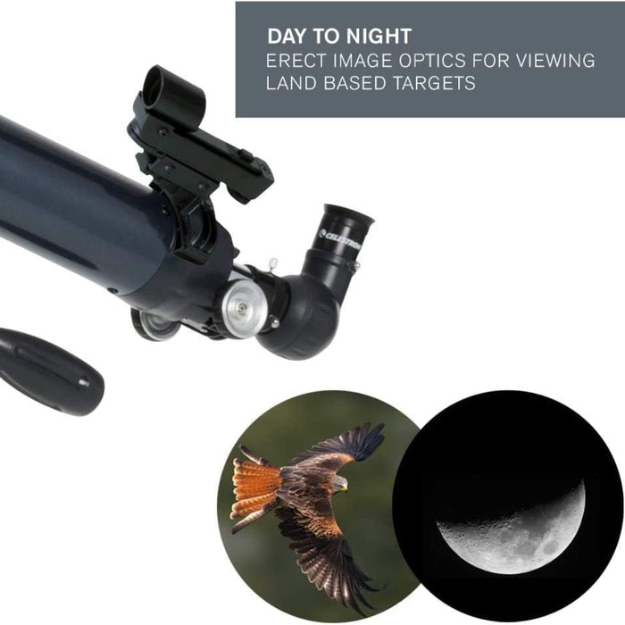 Telescope with day to night image optics for viewing land-based targets, showing a bird and moon.