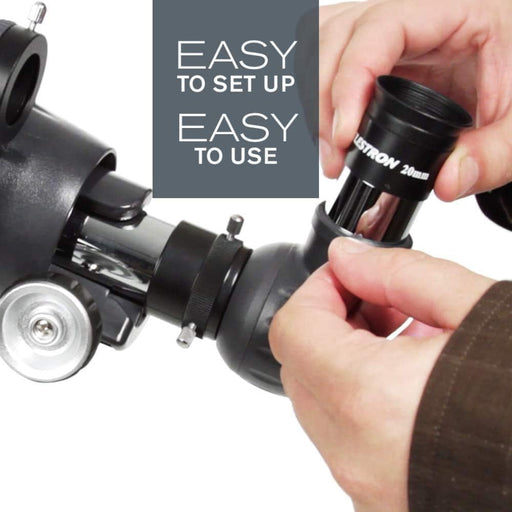 Telescope with hands adjusting eyepiece, text 'Easy to set up, easy to use' on a white background