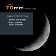 Telescope lens with moon craters and celestial body text on a black background