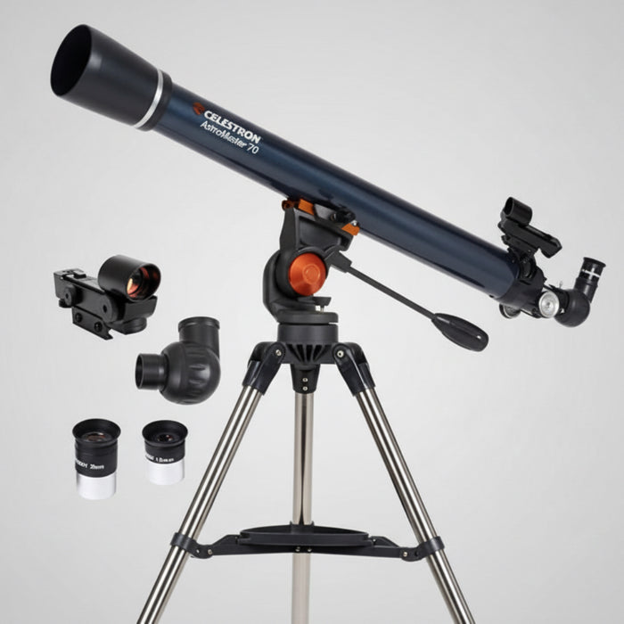 Celestron AstroMaster LT 70AZ Refractor Telescope with accessories including a smartphone adapter, moon filter, and eyepieces.