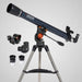 Celestron AstroMaster LT 70AZ Refractor Telescope with accessories including a smartphone adapter, moon filter, and eyepieces.