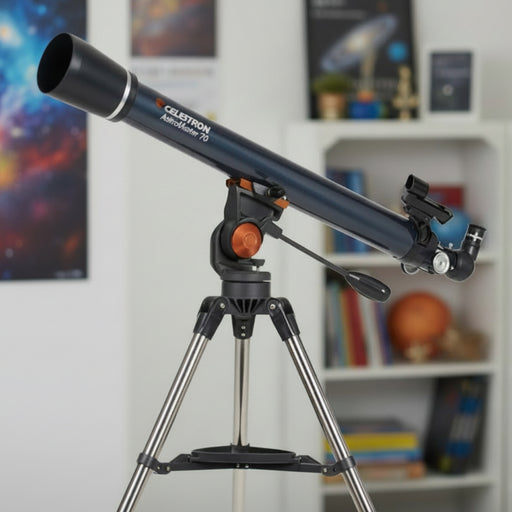 Celestron telescope on a tripod in a room with books and decor