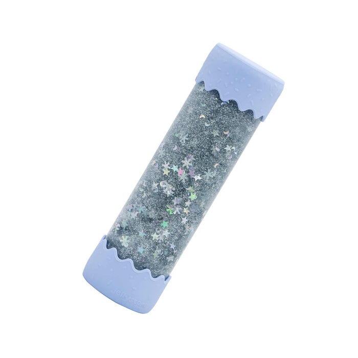 Glittery cylindrical container with a light purple lid and base on a white background