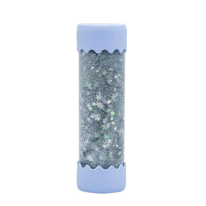 Glittery cylindrical container with a light blue lid and base on a white background