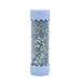 Glittery cylindrical container with a light blue lid and base on a white background