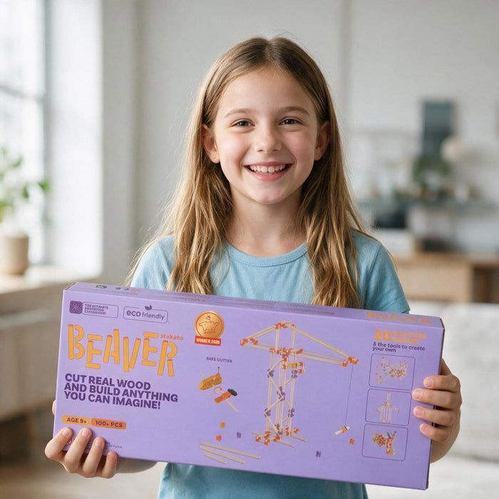 A smiling young girl with long light brown hair holds a large lavender box for a toy set in a bright, modern room. The box is branded 'Beaver' and features orange text and illustrations of wooden structures.