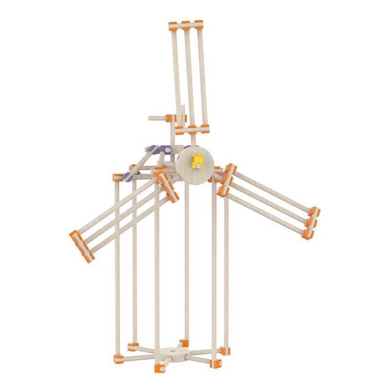 Mechanical model with gears and levers on a white background