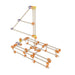 Toy marble run structure with wooden pipes and colorful connectors on a white background
