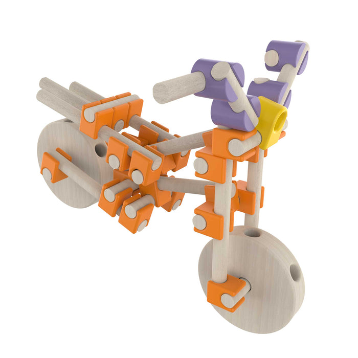 Toy construction set with orange, purple, and beige components on a white background