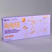 A light purple product box for the ekokala Beaver building toy set, featuring orange text and an illustration of a crane structure, photographed on a neutral gray background.