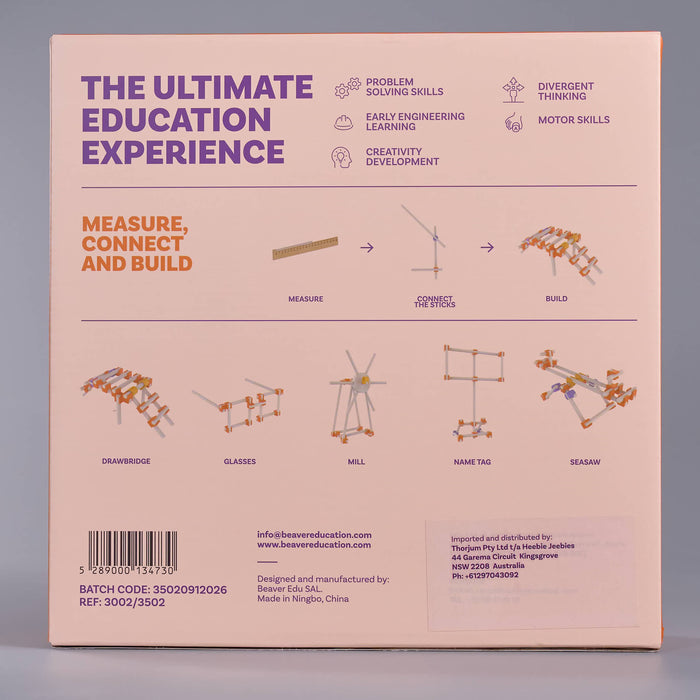 The back cover of a Beaven Education product package, featuring a pale pink background with purple and orange text, educational icons, and small diagrams of model structures.