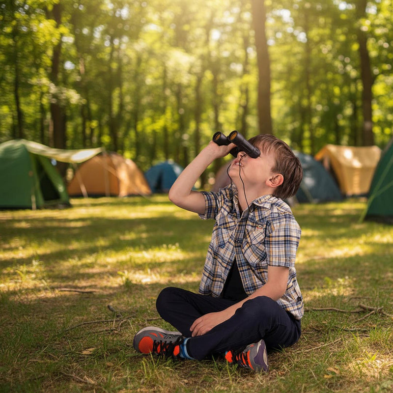 A young boy sitting on green grass in a sunlit forest, looking through black binoculars with yellow details.