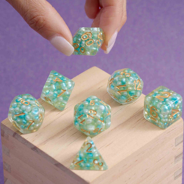 Blue and Green Ball Filled Resin Polyhedral Dice Set