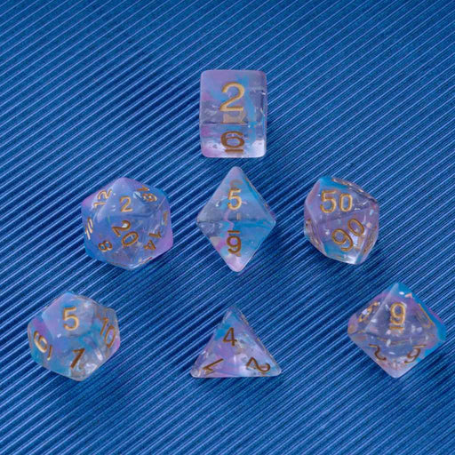 Blue and Purple Resin Polyhedral Dice Set Spread