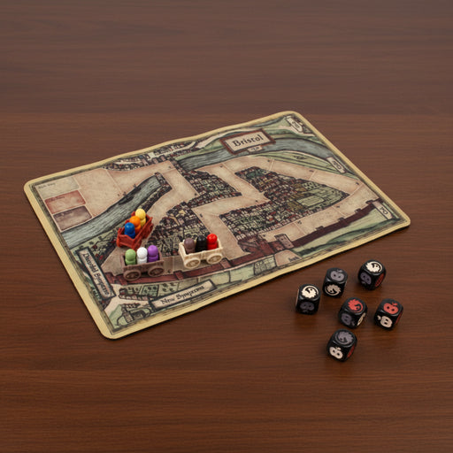 Board game setup with a map of Bristol and game pieces on a wooden surface