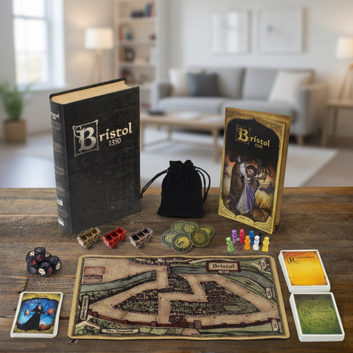 Game Bristol 1350 components including a book, cards, and miniatures on a wooden surface with a rustic background.