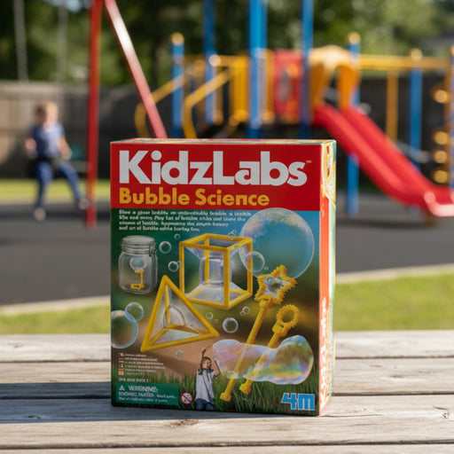 Box of KidzLabs Bubble Science kit with colorful graphics and text.