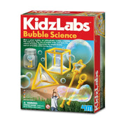 Packaging for the 4M Bubble Science kit by Kiddiz Labs, featuring images of a child playing with bubbles and bubble-making tools.