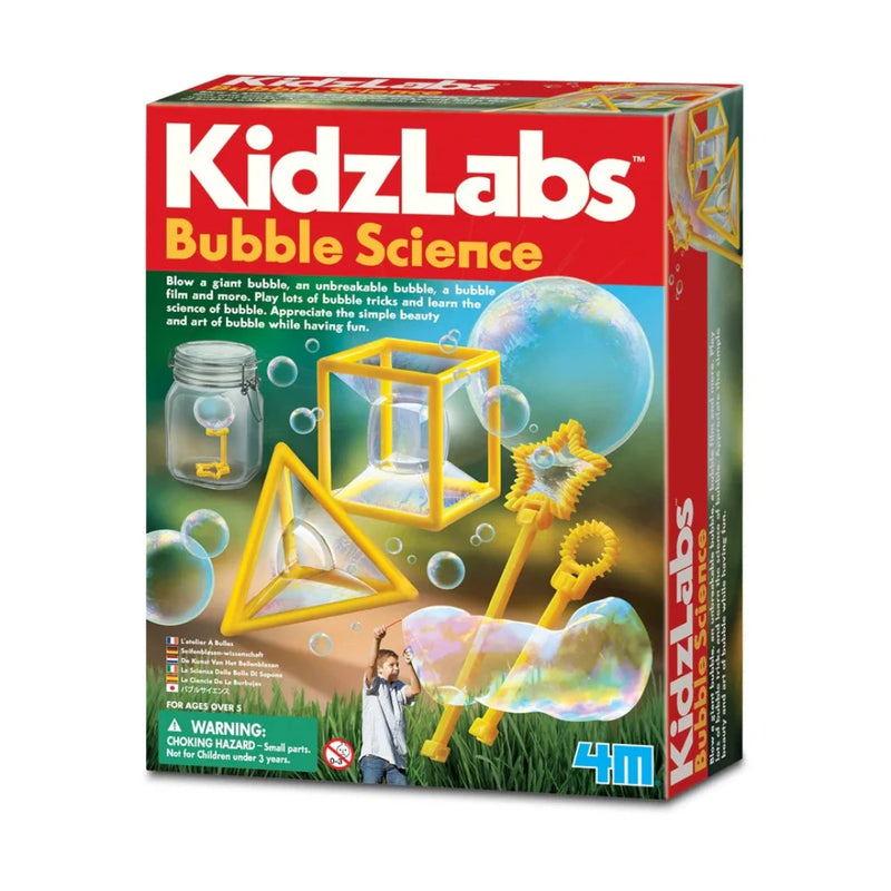 Packaging for the 4M Bubble Science kit by Kiddiz Labs, featuring images of a child playing with bubbles and bubble-making tools.