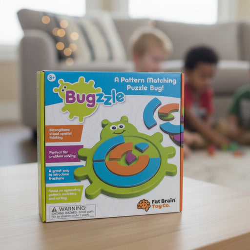 Bugzzle packaging with colorful design and text on a white background