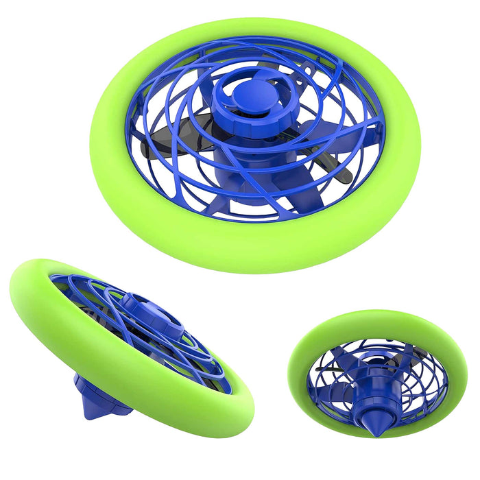 Green and blue handheld fan with three different views on a white background