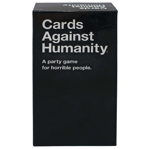 Black box of 'Cards Against Humanity' game with white text on a white background