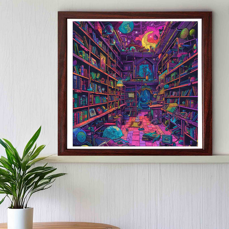 jigsaw puzzle Framed colorful artwork of a fantasy library on a wall with a plant below.