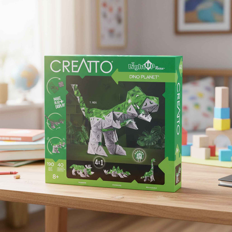 CREATTO dinosaur toy set packaging on a table with a child's room in the background