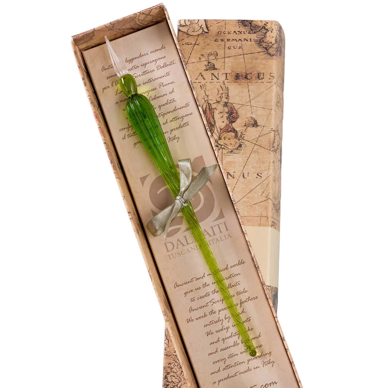 Green glass pen with silver clip in a decorative box featuring vintage map design.