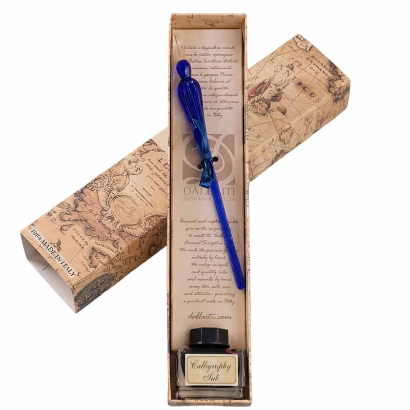 Calligraphy set with blue dip pen and ink bottle in a decorative box