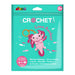 Crochet kit packaging with a pink axolotl charm on a teal background