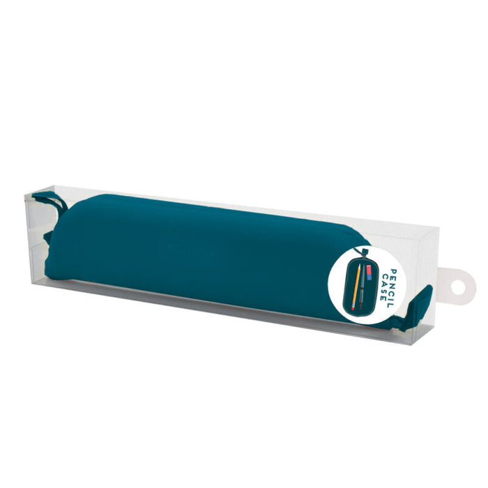 Teal pencil case in a clear packaging box on a white background