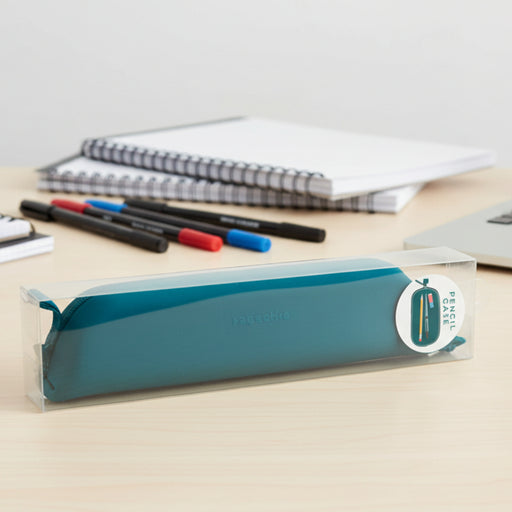 Teal pencil case in a clear packaging box on a white background