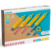 Makedo cardboard construction system packaging with yellow tools on a white background