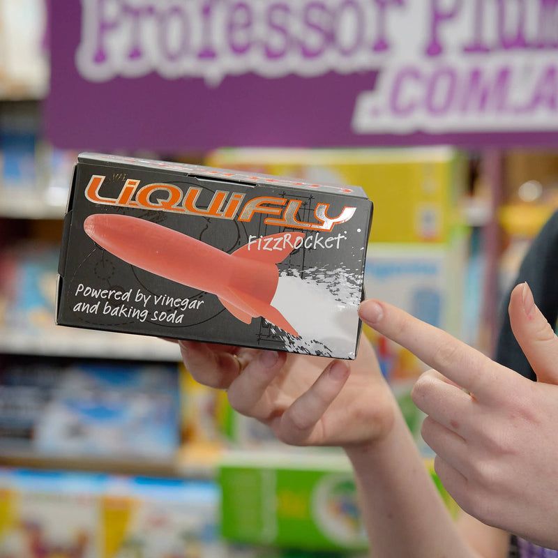 A orange heebie Jeebies  liquifly rocket-shaped displayed the professor plums shop