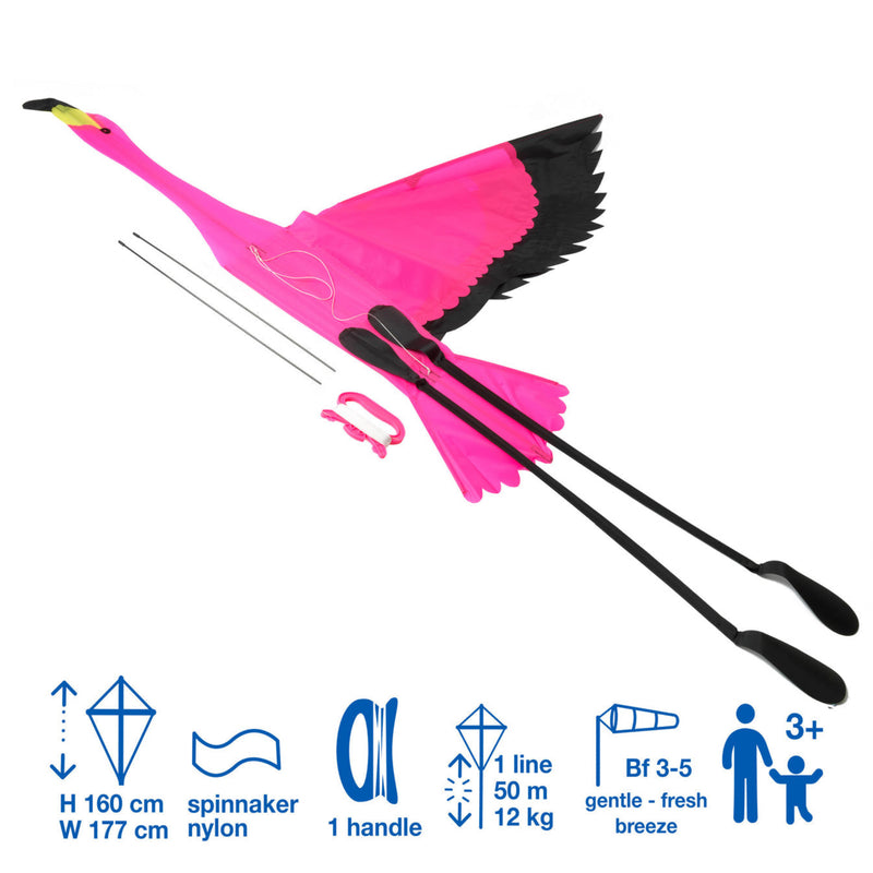 Pink flamingo kite with measurement and usage information on a white background
