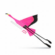 Pink flamingo kite with measurement and usage information on a white background