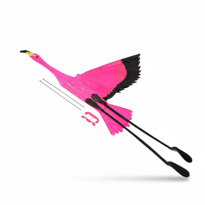 Pink flamingo kite with measurement and usage information on a white background