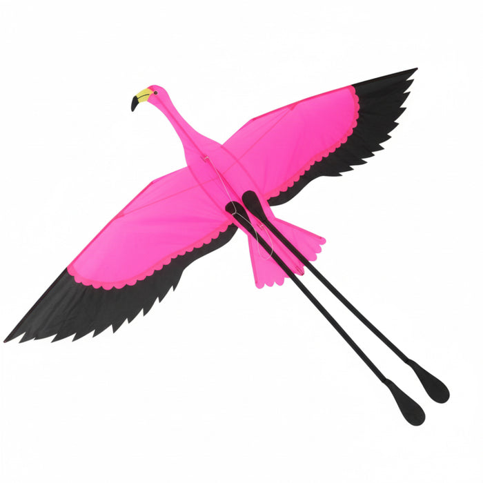 Pink flamingo kite with black wings on a white background
