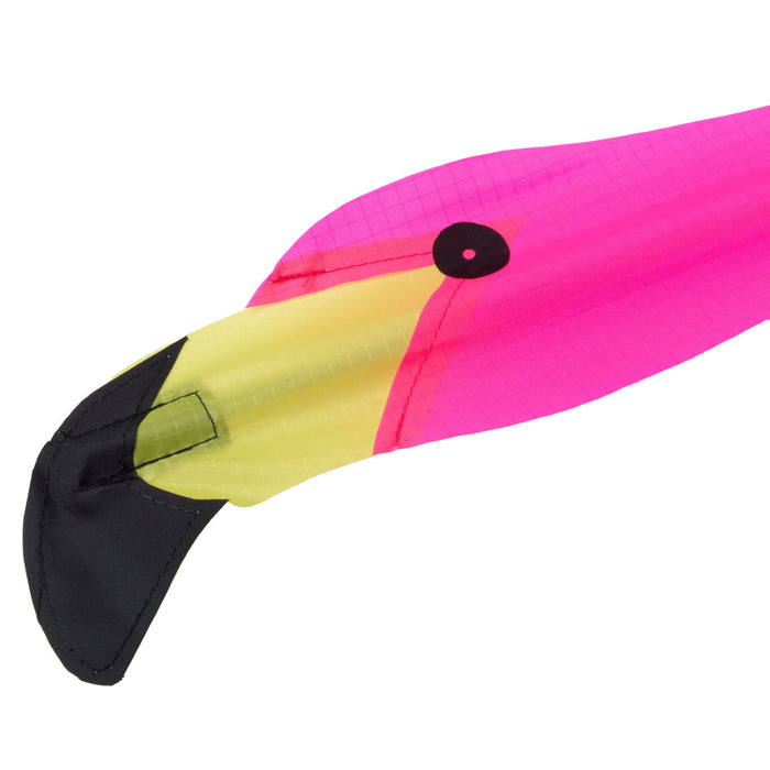 Colorful toucan-shaped object with pink, yellow, and black colors on a white background