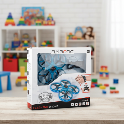 Packaging of Flashing Drone showing a blue toy drone and details of the included remote control.